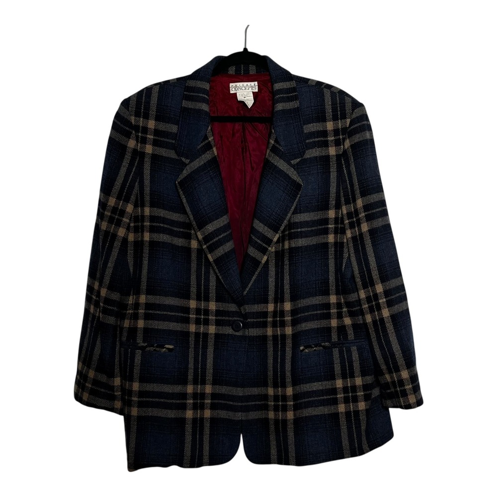 Private Concepts‎ Mens Plaid Wool Blend Blazer Jacket Size L Navy Tan Lined